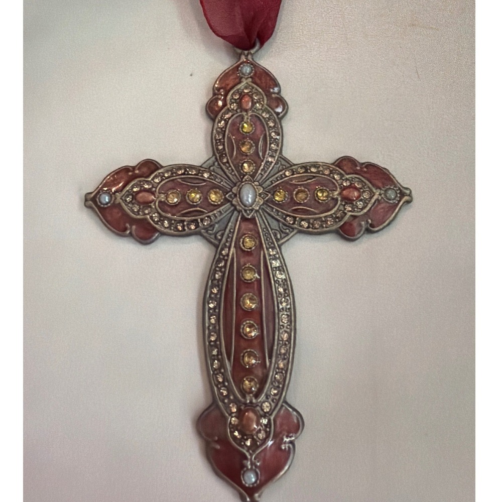 Vintage Ornate Enamel Rhinestone Cross Ornament OS Burgundy Metal Victorian